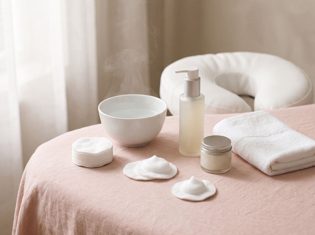 Cotton pads with cleansing foam, a bowl of water and a facial bed headrest for a deep cleanse facial