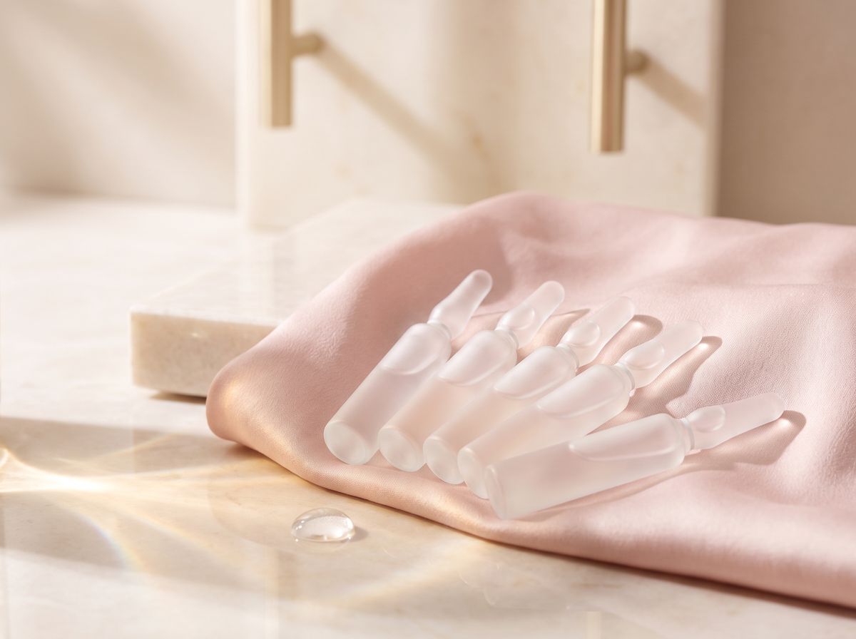 Frosted glass ampoules on blush silk for exosome skin therapy