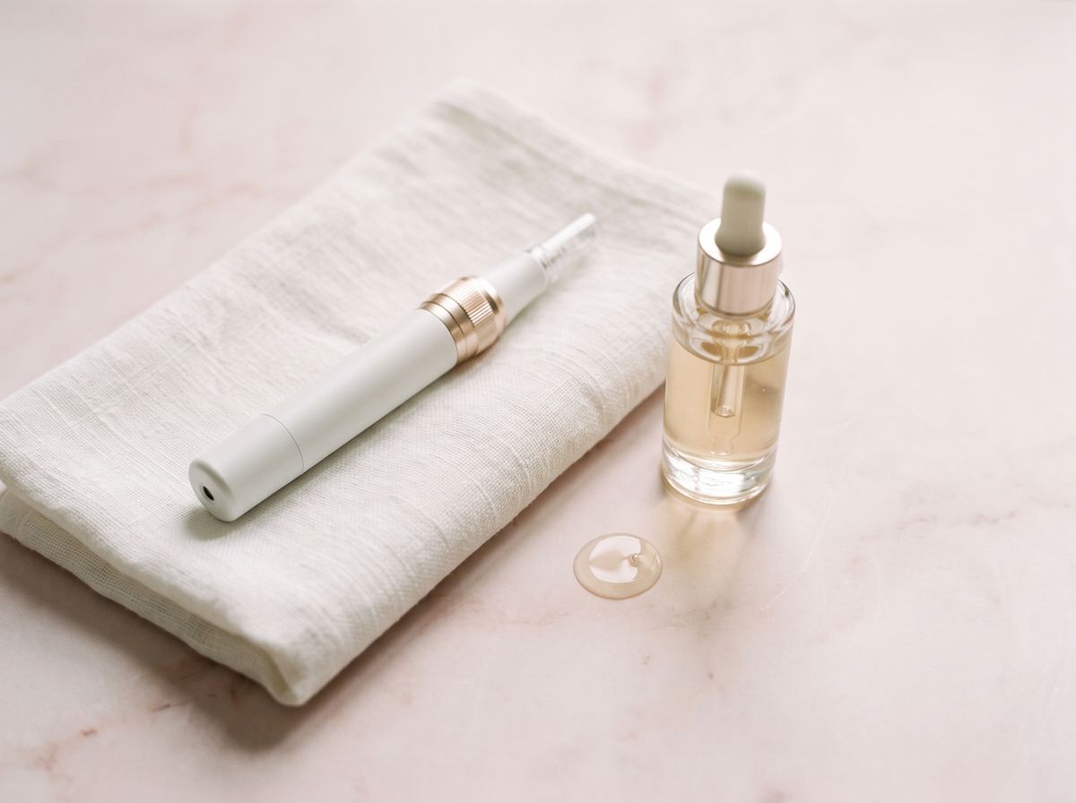 Microneedling pen and serum bottle on a white towel for collagen therapy